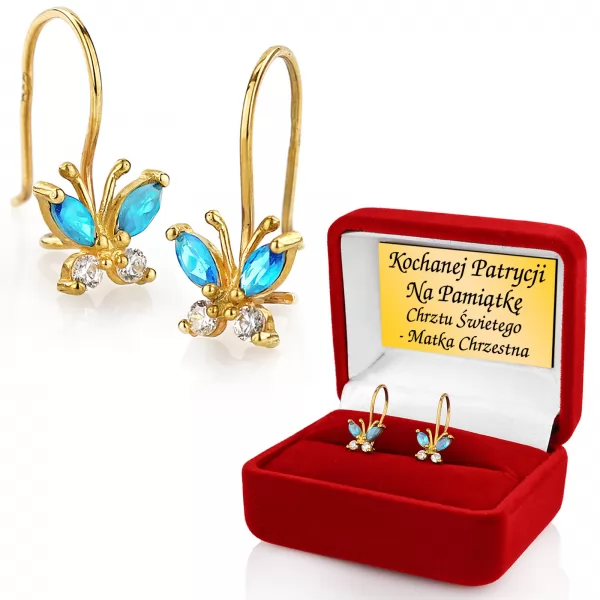  Złote kolczyki motylki z niebieskimi cyrkoniami z opcją graweru dedykacji