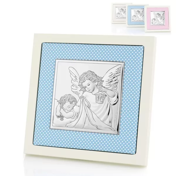 Srebrny obrazek Anioł Stróż (14x14cm) w ramce + możliwość dedykacji życzeń